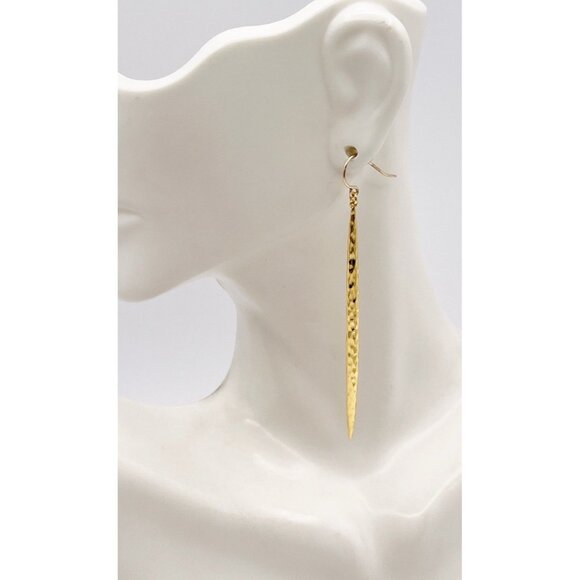 Hammered 14K Gold Filled Linear Dangle Earrings Modernist Long Drop Minimalist - Picture 2 of 5